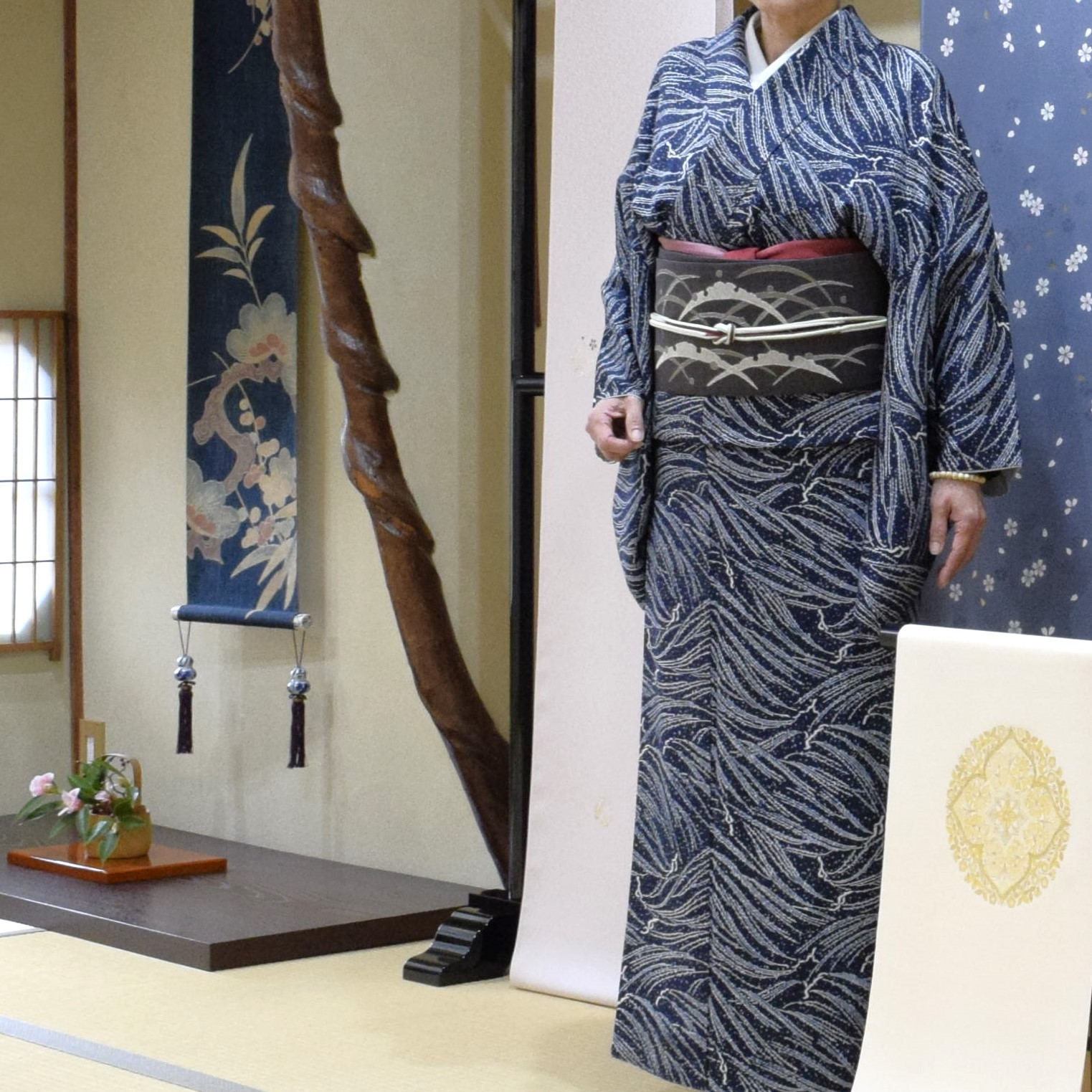 小紋　一越　真糊　伊勢型小紋　吹雪芽柳　織の九寸名古屋帯　手織り　草木染め　モール　夢訪庵　雪輪露芝　今小路 あま宮　睦月のキモノ