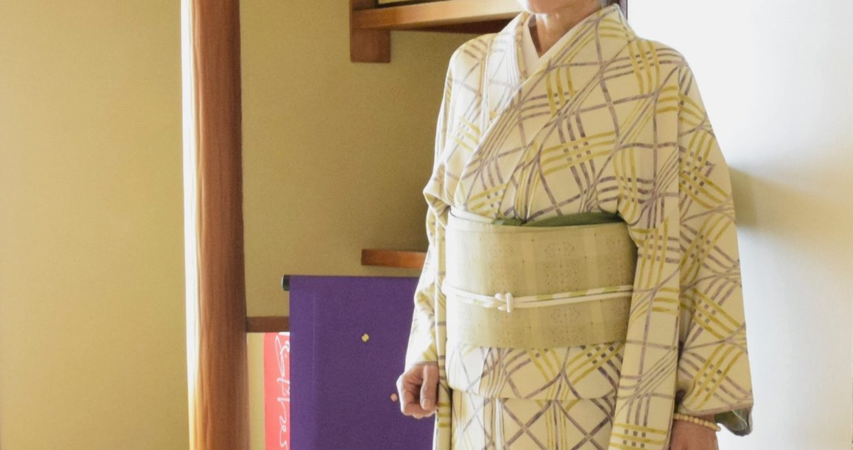 小紋　変り立枠　織の九寸名古屋帯　手織り　草木染め　花織　今小路 あま宮　睦月のキモノ