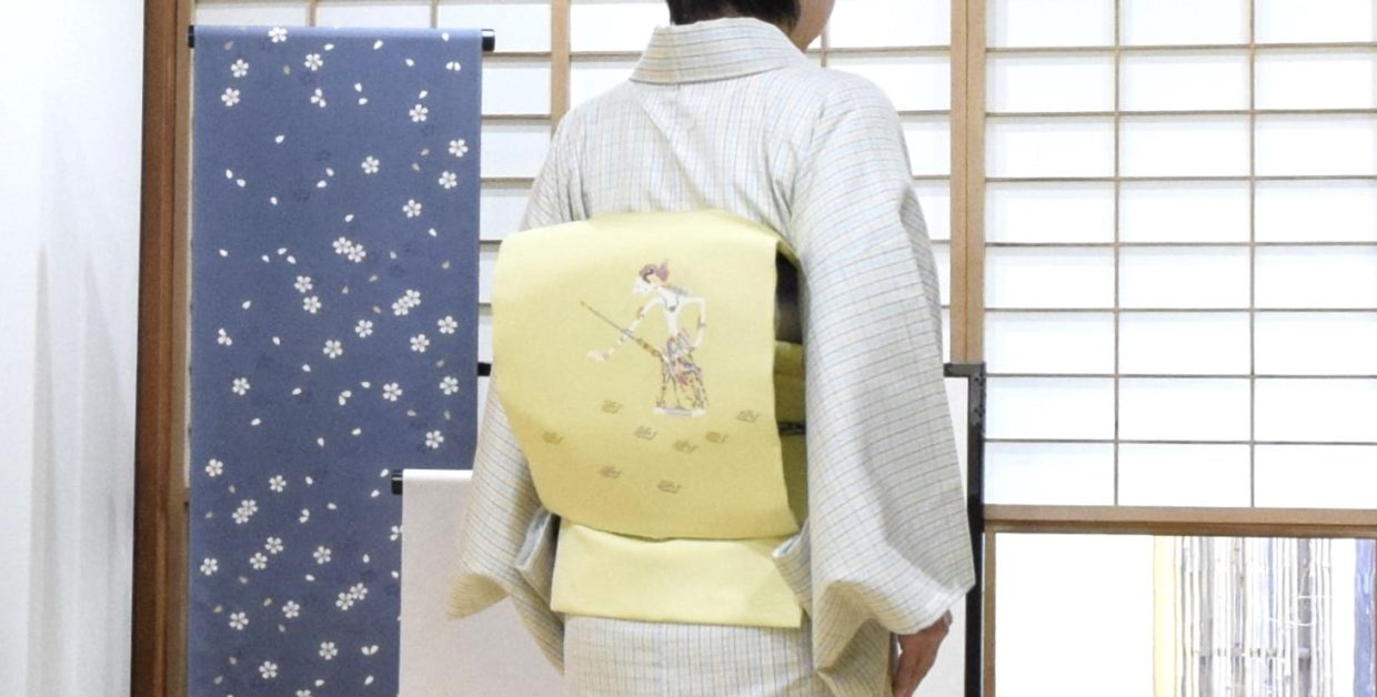 地機　真綿紬　手織り　多色縞格子　塩瀬の染め帯　ジャワ影絵　今小路 あま宮　京都　睦月のキモノ