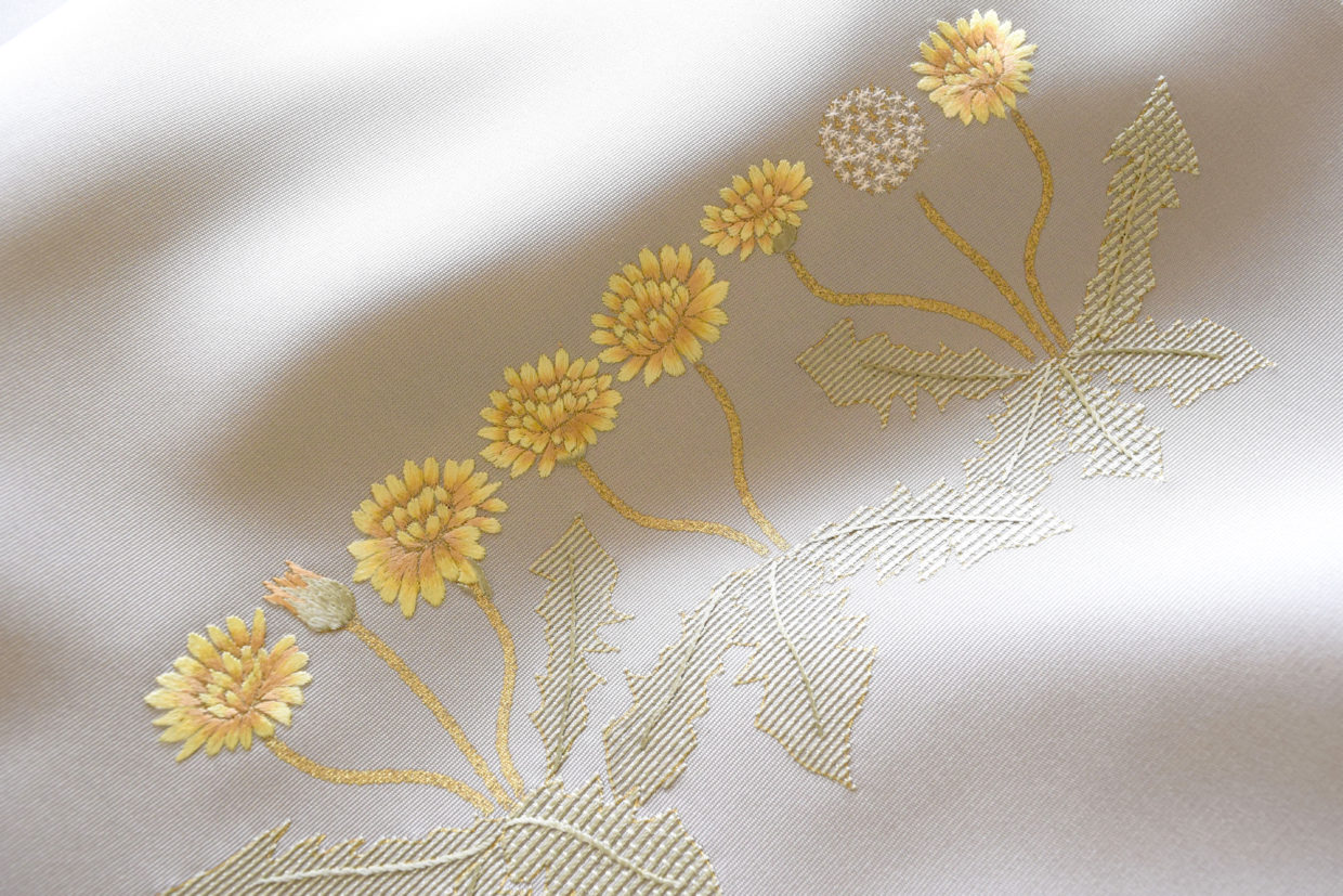 染の九寸名古屋帯　塩瀬の染め帯　季節の染帯　刺繍　タンポポ　今小路 あま宮　京都