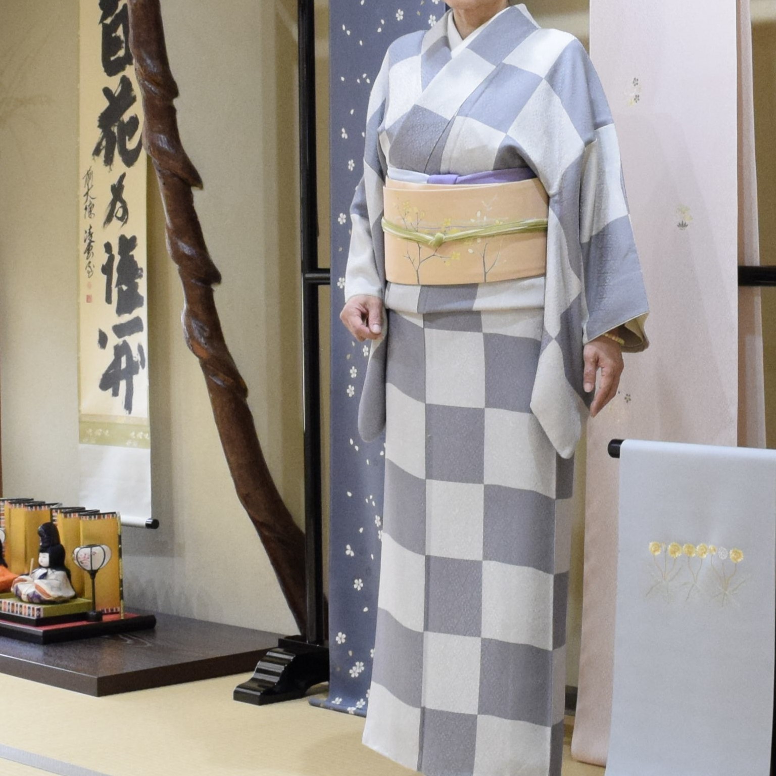 小紋 二釜市松 鳳凰丸文 塩瀬の染帯 季節の染帯 こぶし 今小路 あま宮 如月のキモノ 京都