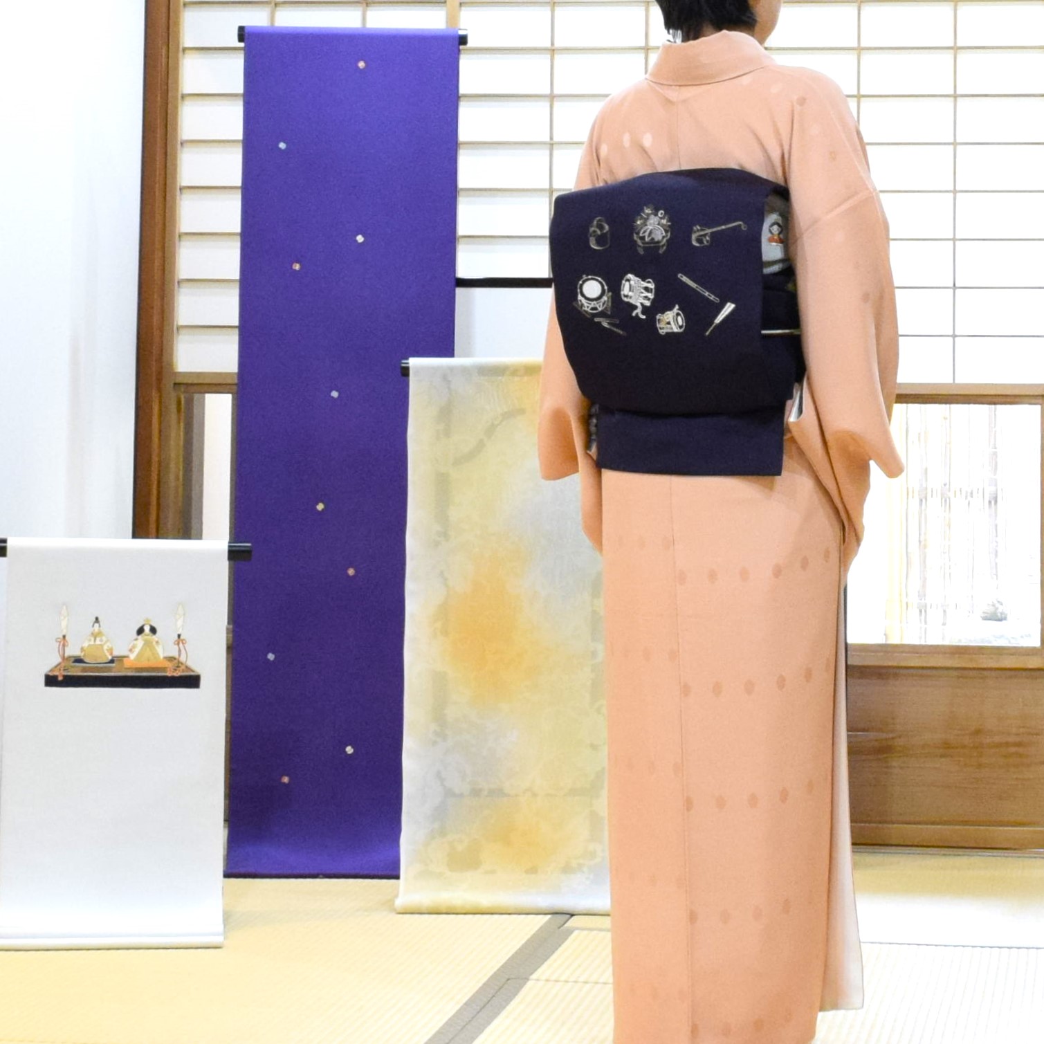 小紋 箔水玉 塩瀬の染帯 季節の染帯 刺繡 雛道具 今小路 あま宮 如月のキモノ 京都