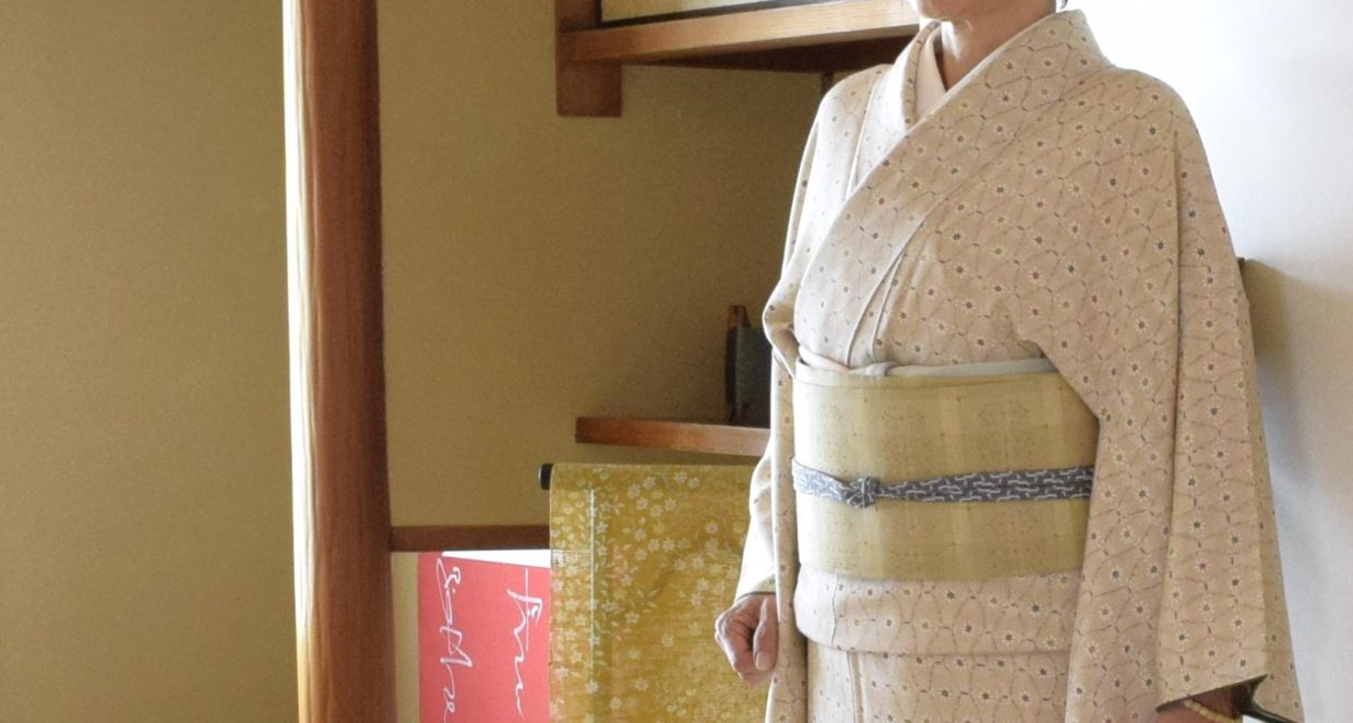 小紋　小花立涌　織の九寸名古屋帯　手織り　草木染め　花織　今小路 あま宮　弥生のキモノ　京都