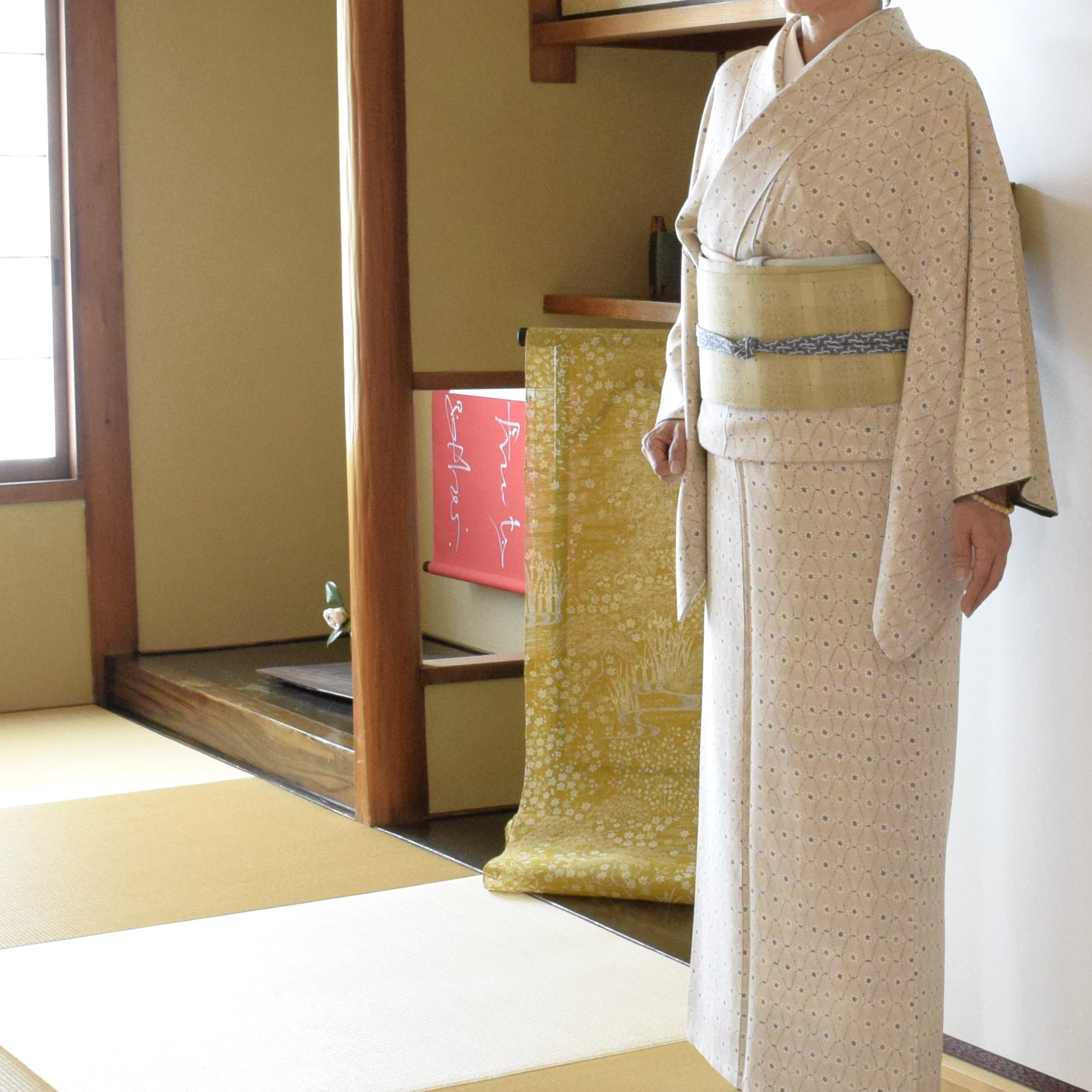 小紋 小花立涌 織の九寸名古屋帯 手織り 草木染め 花織 今小路 あま宮 弥生のキモノ 京都