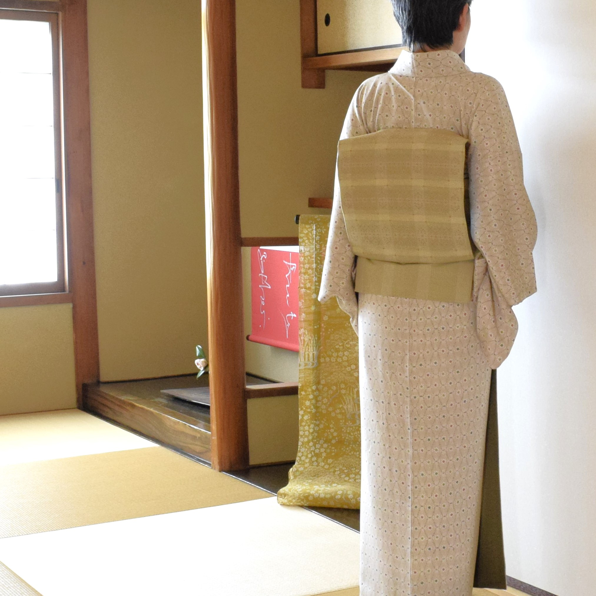 小紋 小花立涌 織の九寸名古屋帯 手織り 草木染め 花織 今小路 あま宮 弥生のキモノ 京都