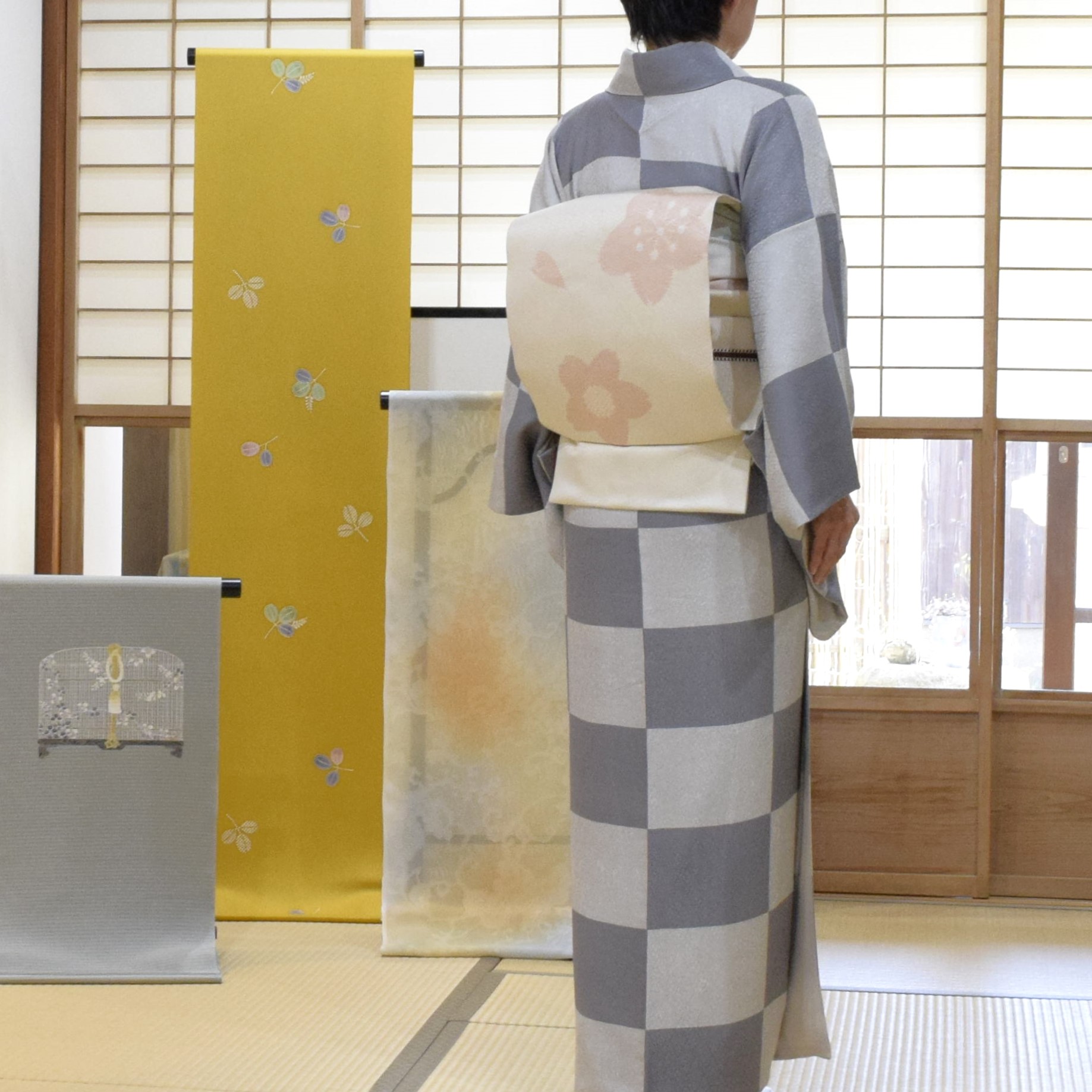 小紋 二釜市松 鳳凰丸文 綸子 染の名古屋帯 季節の染帯 絞り 桜 今小路 あま宮 弥生のキモノ 京都