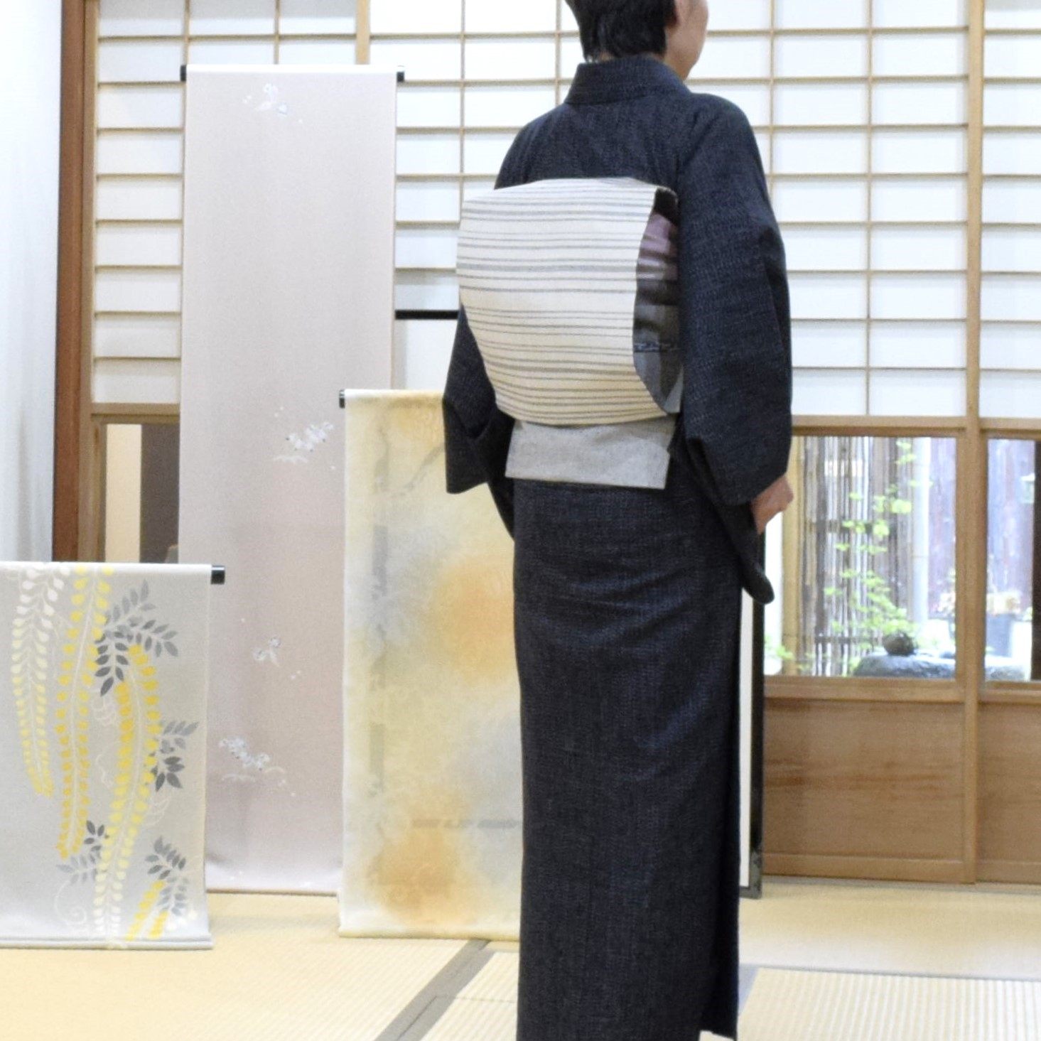 木綿 久留米絣 文人絣 織の九寸名古屋帯 手織 草木染め 夢訪庵 伊予縞九寸 雨の日のキモノ 卯月のキモノ